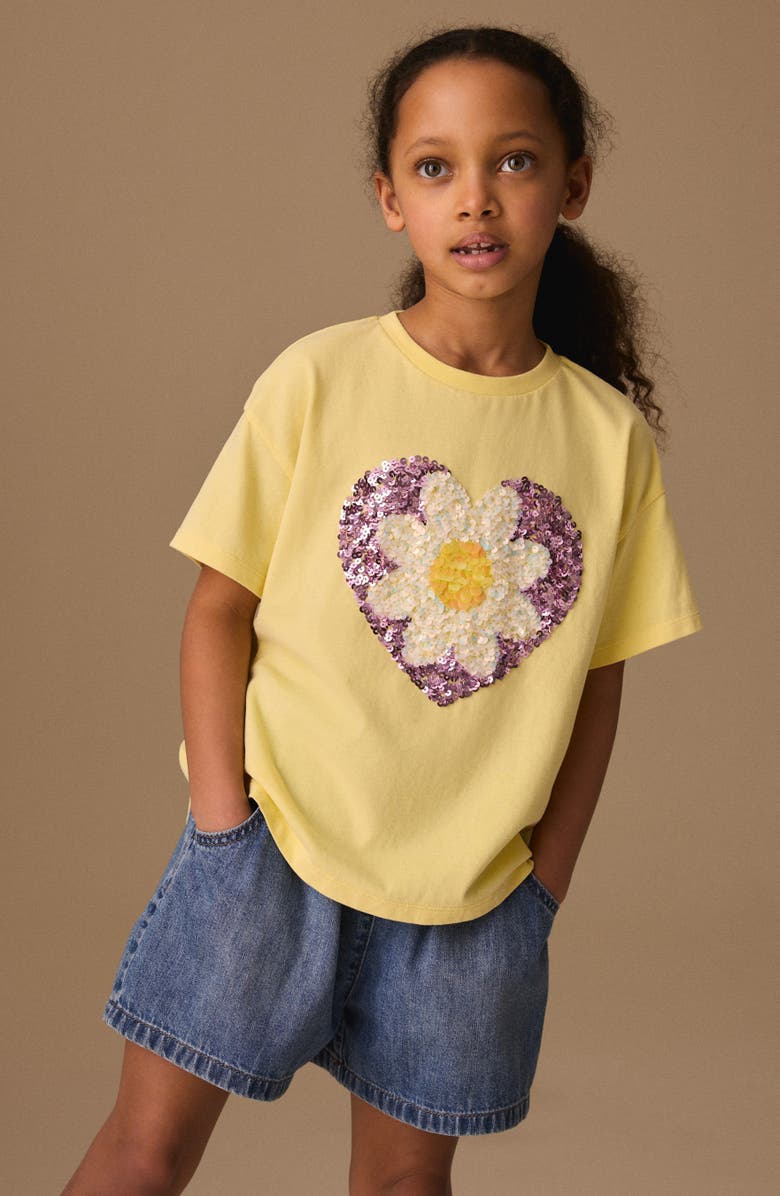 NEXT Kids' Daisy Heart Sequin Cotton T-Shirt, Alternate, color, Yellow