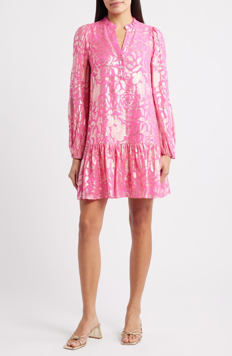 Lilly Pulitzer<sup>®</sup> Evaline Long Sleeve Silk Blend Drop Waist Dress, Main, color, Sun Shell Pink Floral