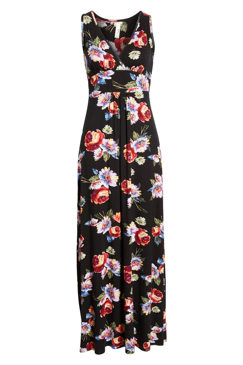 Floral Print Maxi Dress, Alternate, color, BLACK/ CORAL