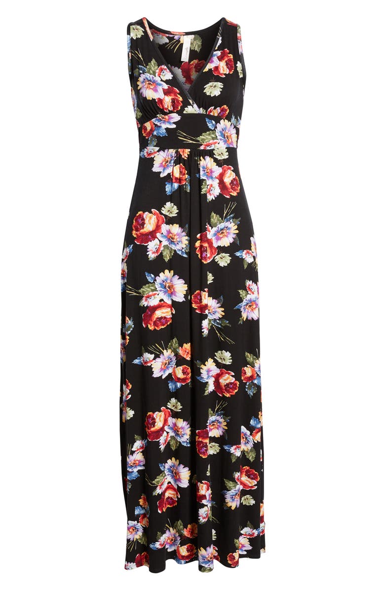 Loveappella Floral Print Maxi Dress, Alternate, color, Black/ Coral