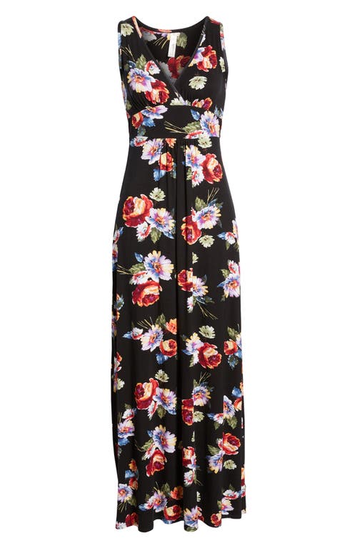 Loveappella Floral Print Maxi Dress In Black/coral