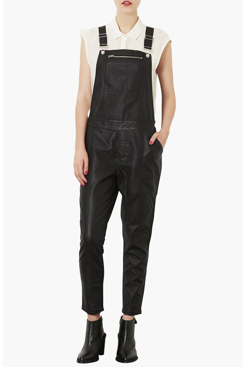 Faux Leather Overalls, Alternate, color, BLACK