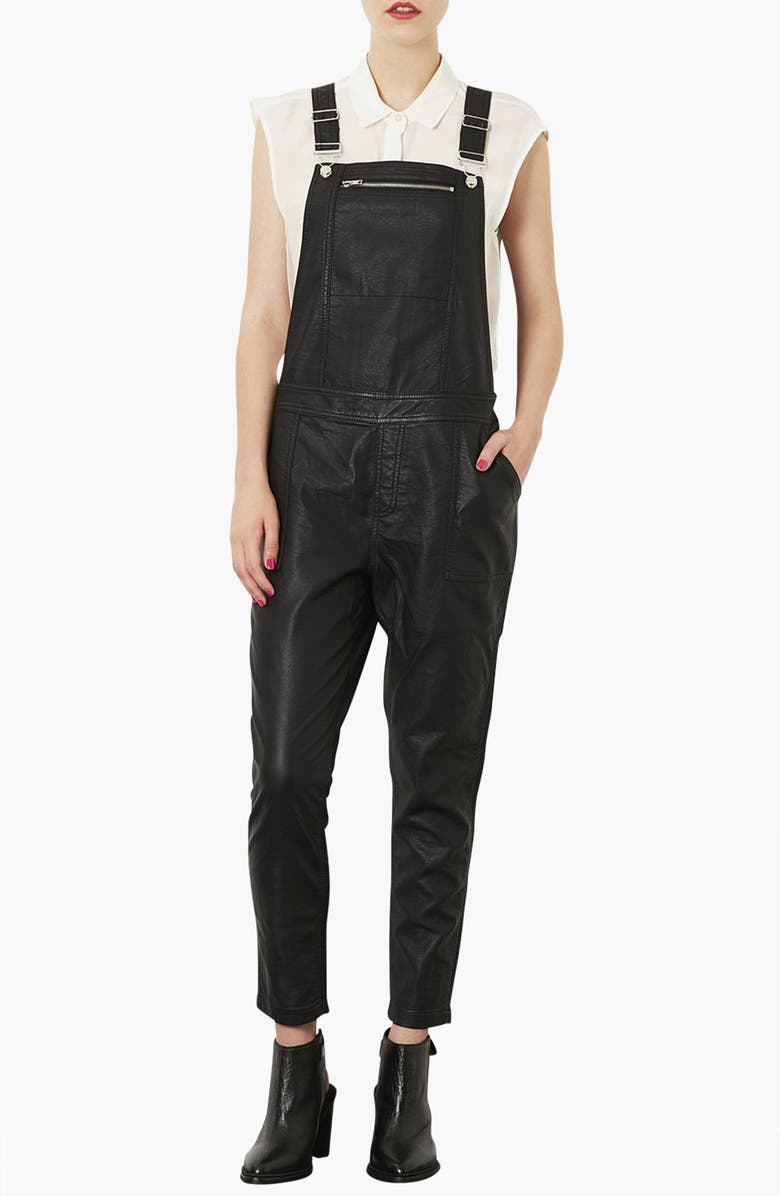 Topshop Faux Leather Overalls, Alternate, color, 