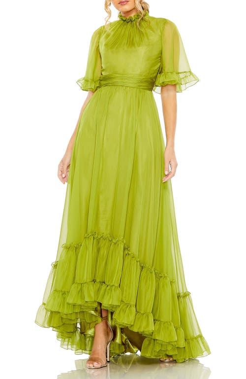 Mac Duggal Ruffle High Neck Flutter Sleeve A-line Gown In Apple Green