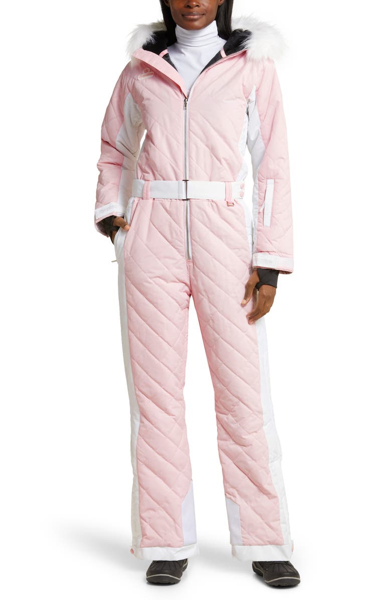 TIPSY ELVES Powder Pink Faux Fur Trim Waterproof Snowsuit, Main, color, 