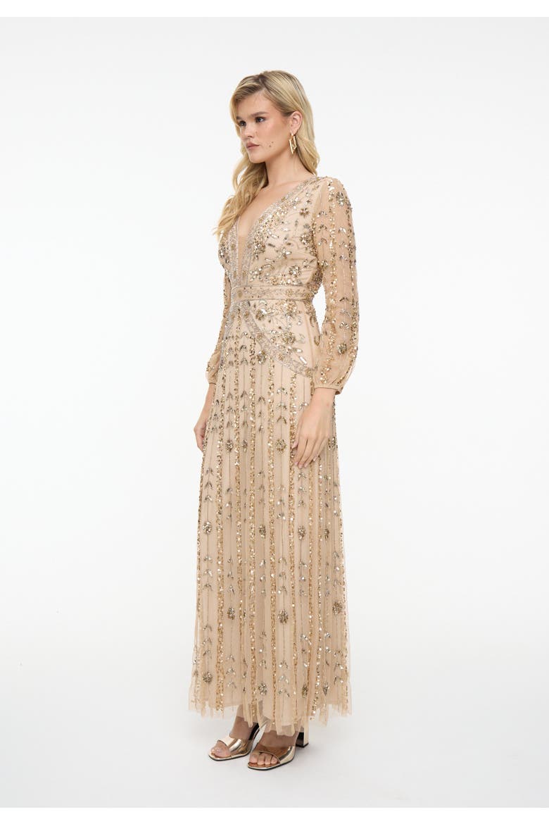 Embellished Sequin Beaded Maxi Dress With Designer Sleeves, Alternate, color, TAUPE BLUSH