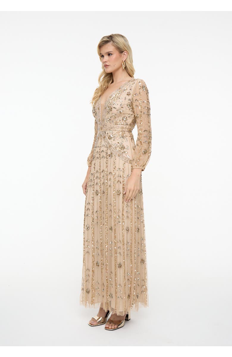 BEAUUT Embellished Sequin Beaded Maxi Dress With Designer Sleeves, Alternate, color, Taupe Blush