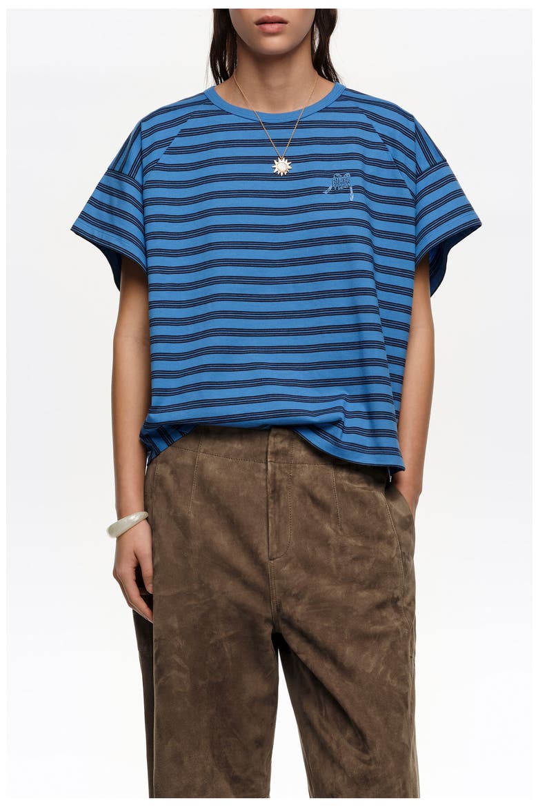 Striped Cropped T-shirt With Embroidered Logo, Main, color, BLUE