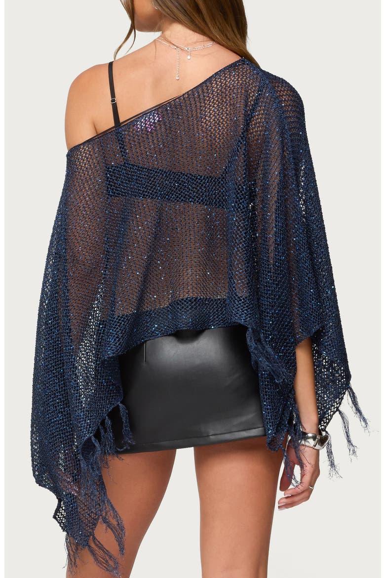 Sequin Fringe Knit Poncho, Alternate, color, NAVY