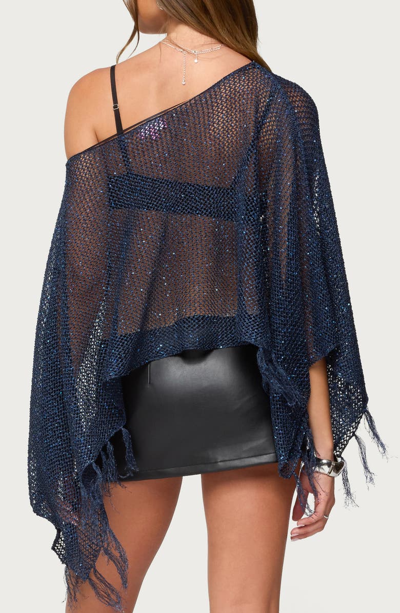 EDIKTED Sequin Fringe Knit Poncho, Alternate, color, Navy