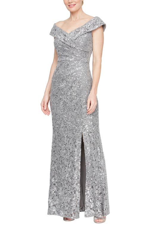Alex Evenings Floral Embroidered Sequin Off the Shoulder Gown in Pewter 