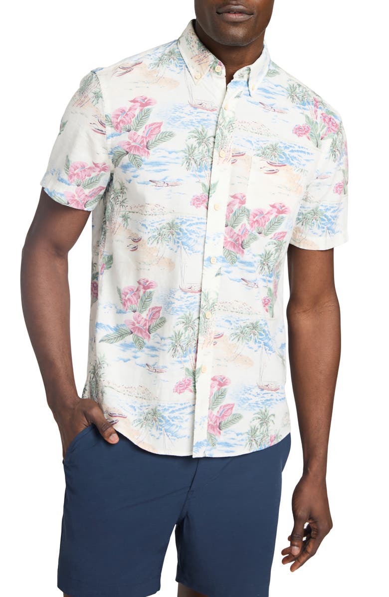 Faherty Breeze Short Sleeve Button-Down Shirt, Main, color, Molokai Scenic Tropical