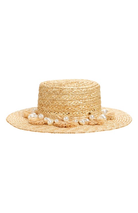 Faux Pearl Straw Hat