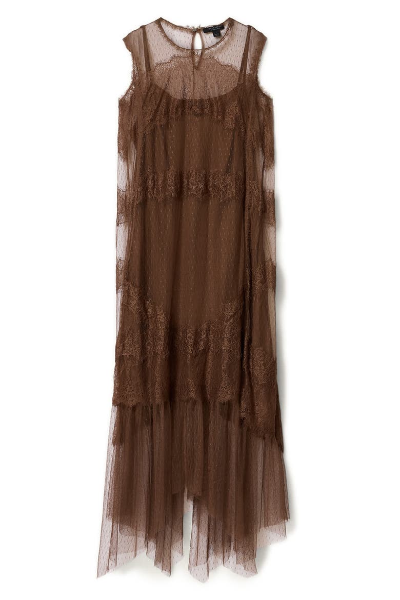 Clara Sheer Lace Sleeveless Handkerchief Hem Dress, Alternate, color, BITTER BROWN
