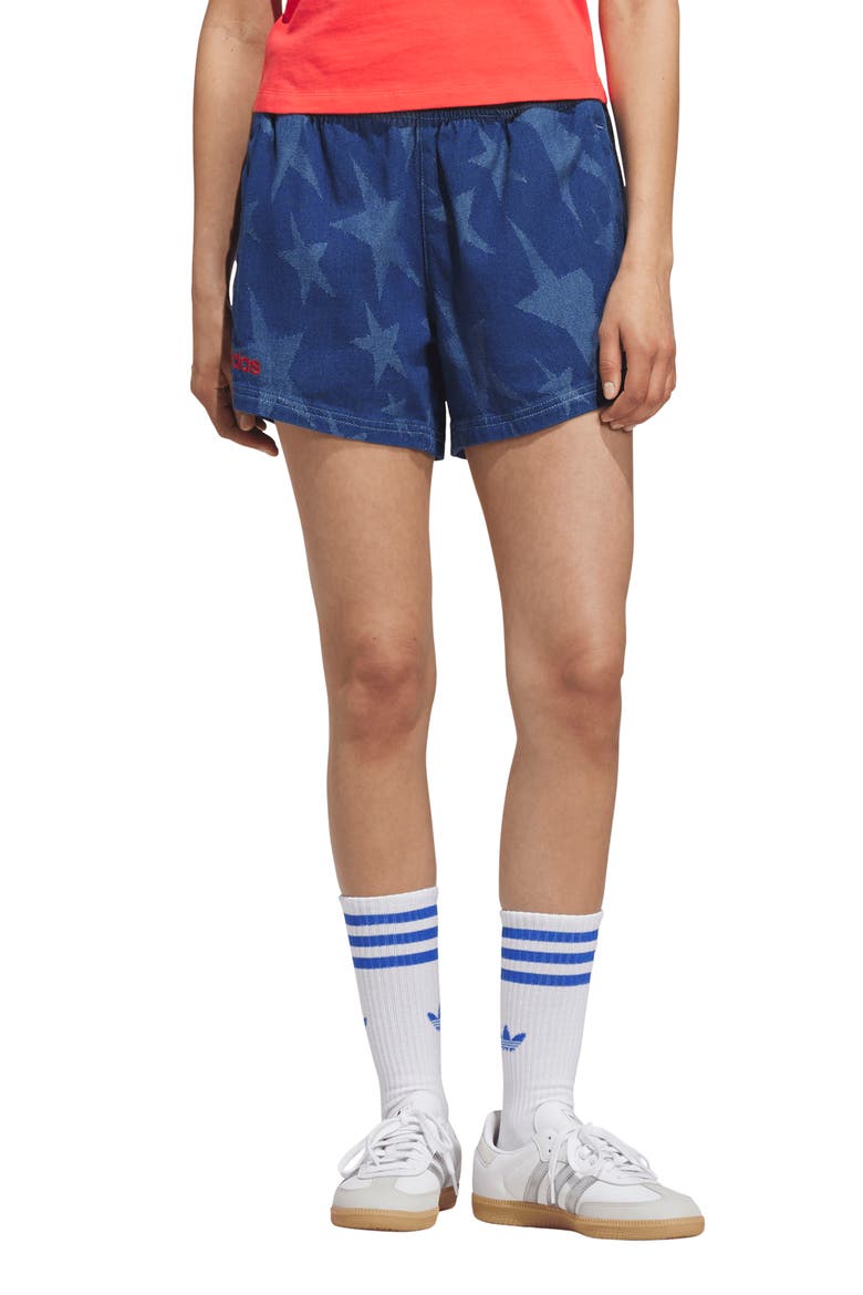 The Denim Star Graphic Cotton Varsity Shorts, Main, color, MEDIUM BLUE DENIM