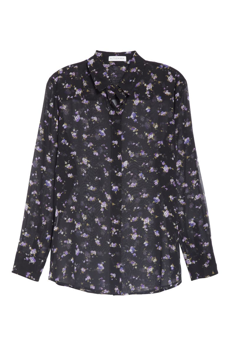 Floral Print Sheer Silk Blouse, Alternate, color, BLACK