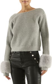 Ramy Brook Lisa Faux Fur Trim Rib Sweater