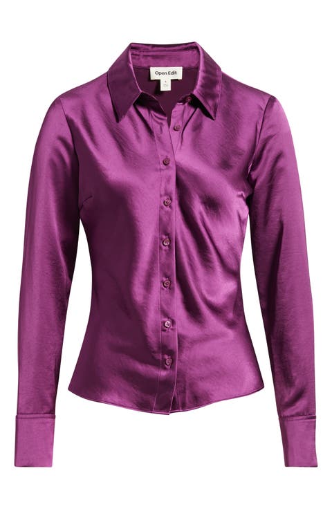 Fitted Satin Button-Up Shirt