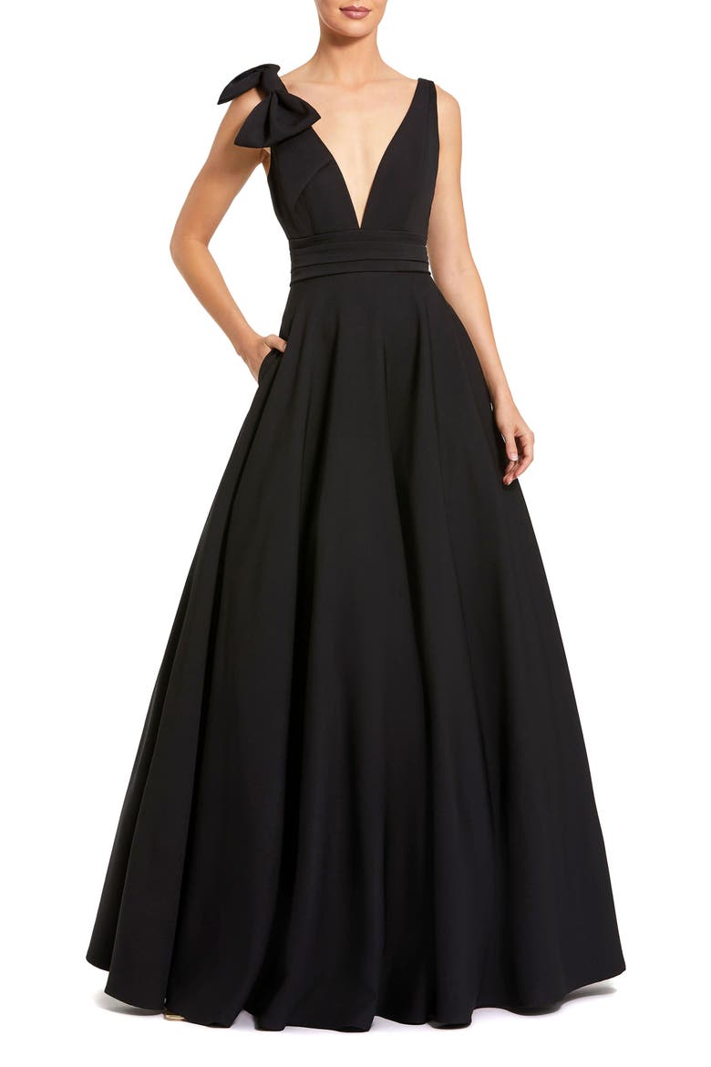 Women's Crepe Sleeveless Plunge Neck Ballgown With Bow, Main, color, Black