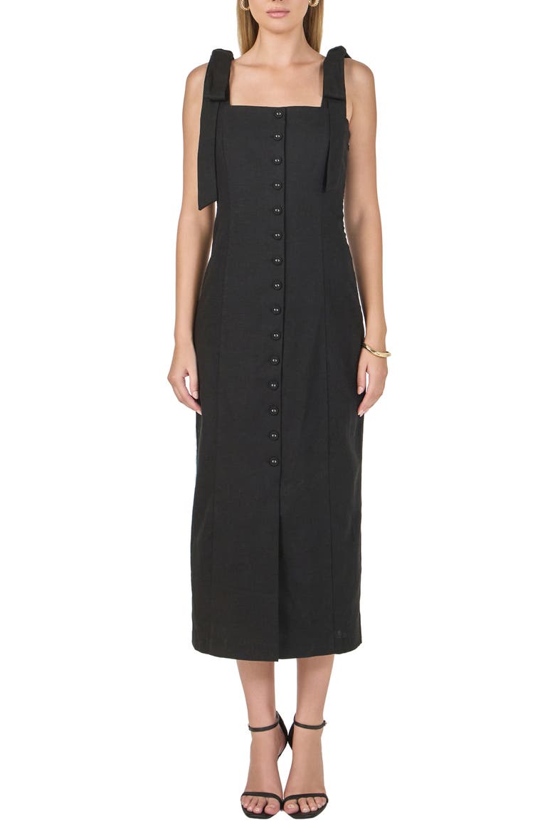 Tie Strap Linen Sundress, Main, color, BLACK
