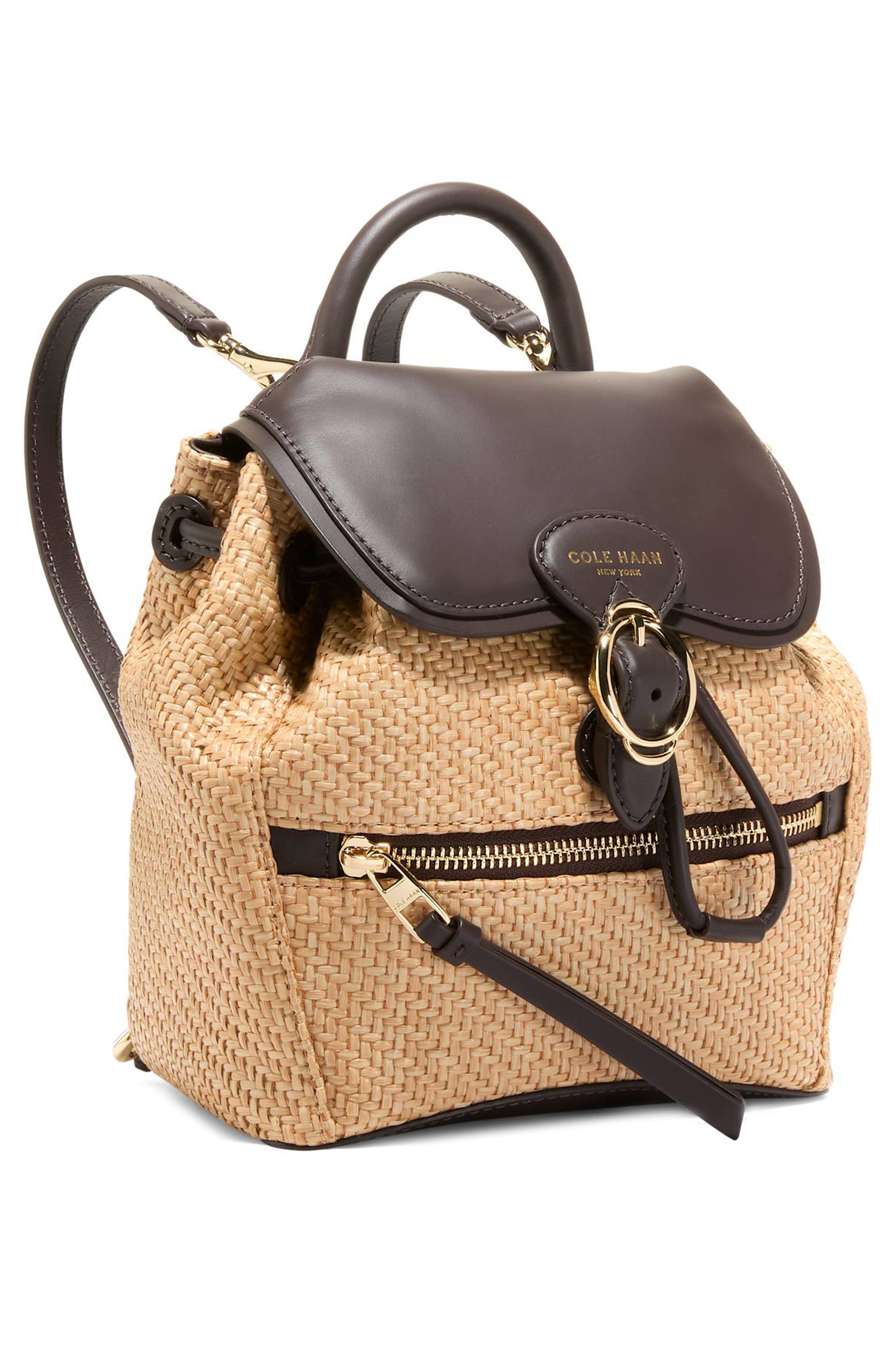 Cole Haan Alexandria Small Backpack, Alternate, color, Natural Raffia /Dark Chocolate