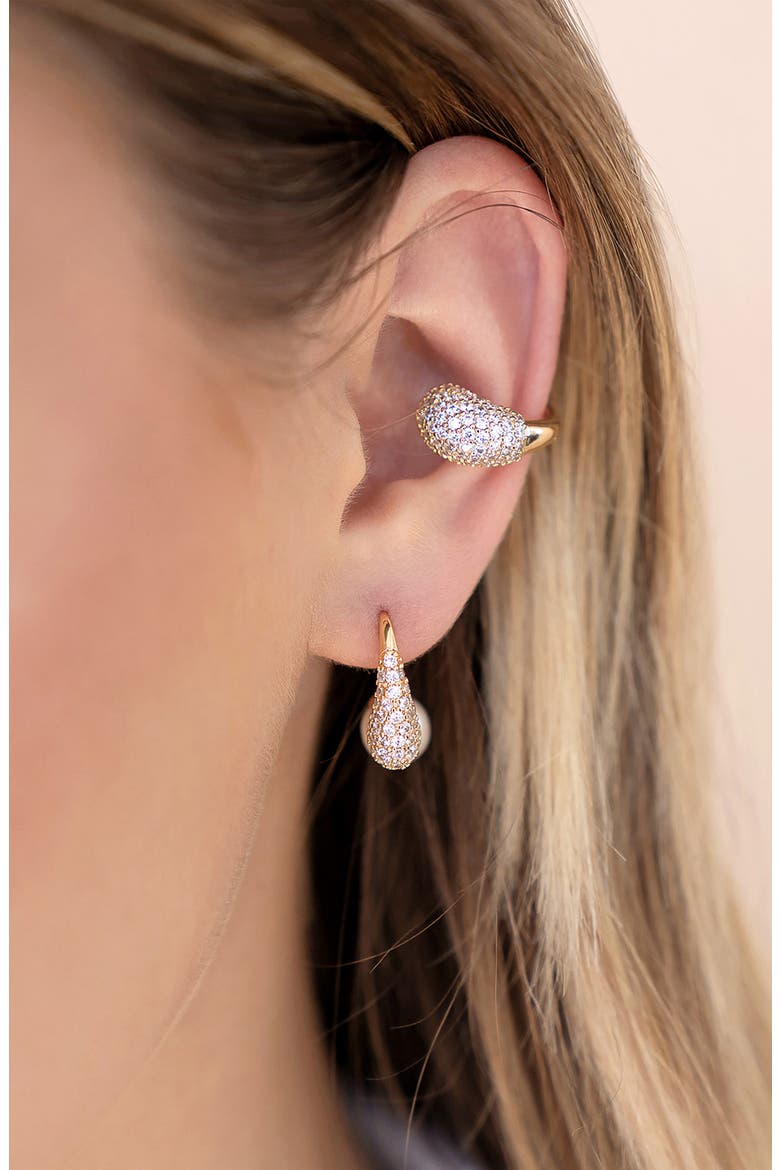 Pavé Teardrop & Freshwater Pearl Front Back Earrings, Alternate, color, GOLD