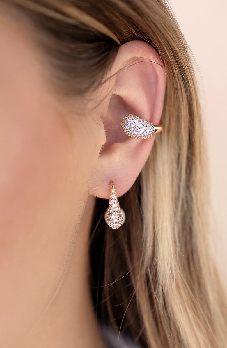 Ettika Pavé Teardrop & Freshwater Pearl Front Back Earrings, Alternate, color, Gold