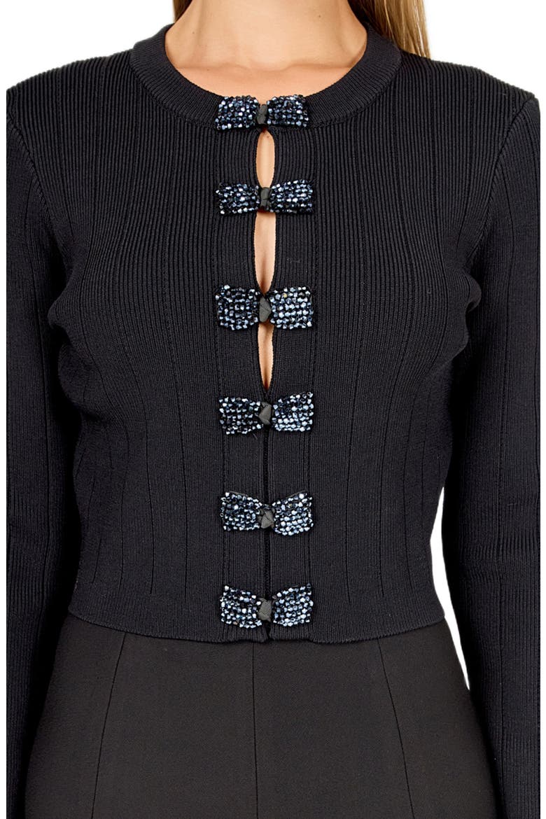 Bow Detail Crop Rib Cardigan, Alternate, color, BLACK