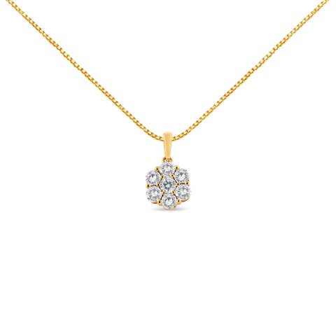 14K Yellow Gold 2.00 Cttw Brilliant Diamond 7 Stone Flower Cluster Pendant Necklace