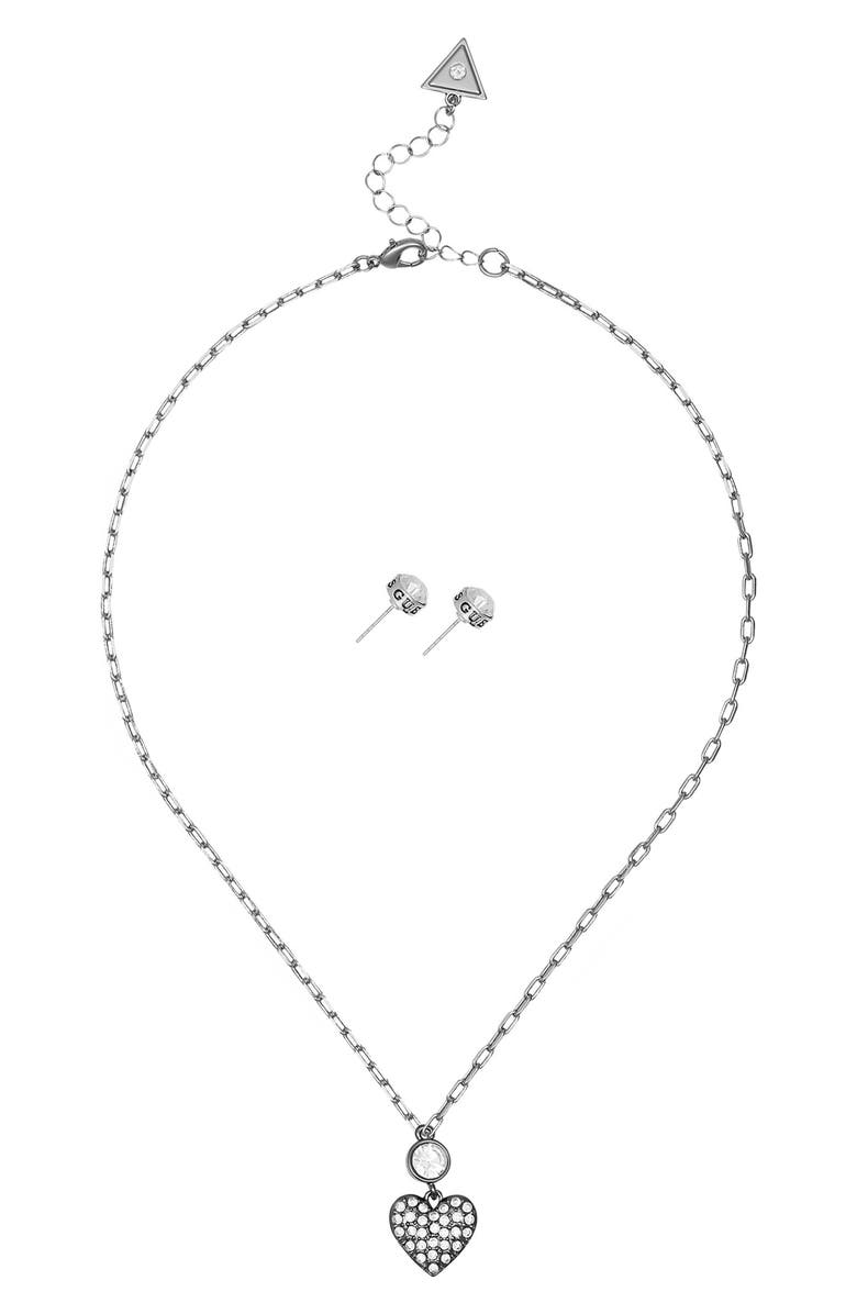 GUESS Crystal Heart Pendant Necklace & Stud Earrings Set, Alternate, color, Silver