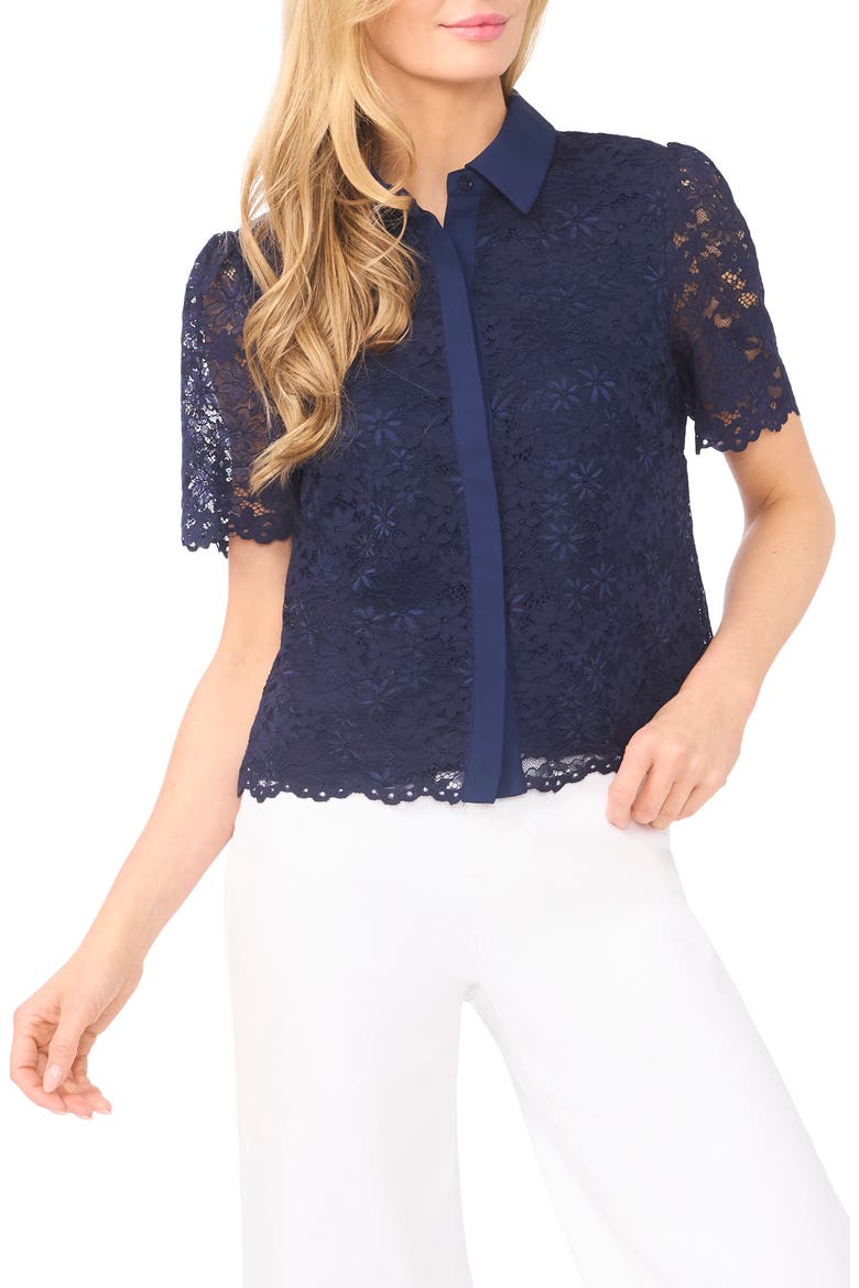 Floral Lace Short Sleeve Button-Up Shirt, Main, color, CLASSIC NAVY