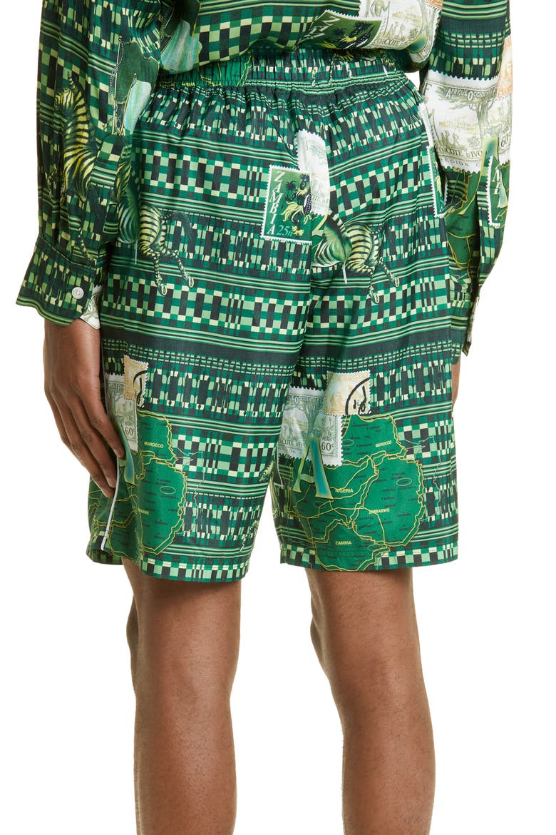 Buki Geo Map Print Recycled Polyester Swim Trunks, Alternate, color, GREEN
