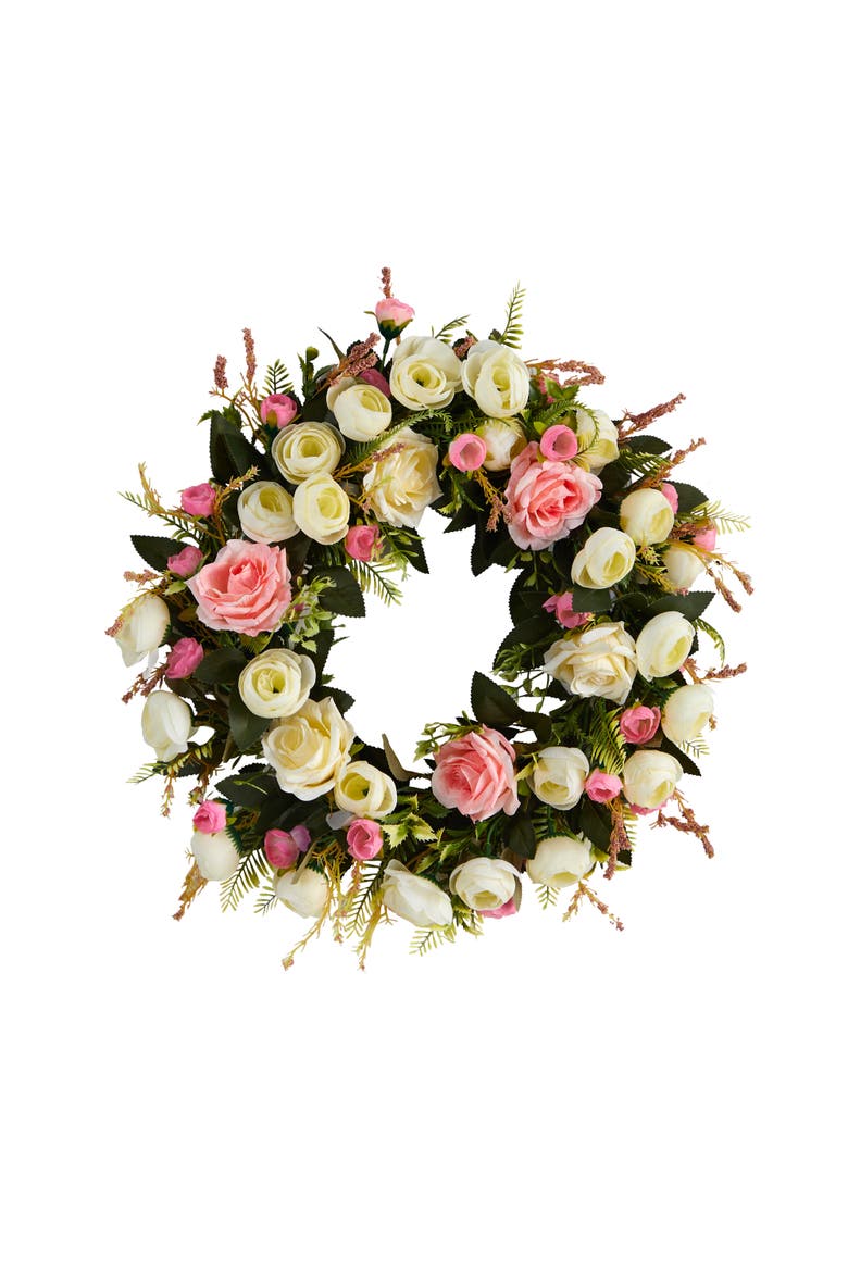20-in White & Pink Rose Artificial Wreath, Main, color, Pink