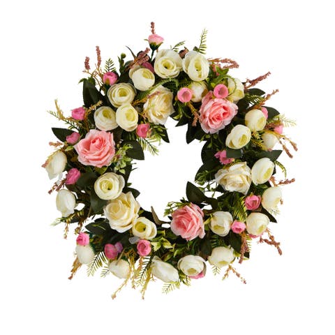 20-in White & Pink Rose Artificial Wreath