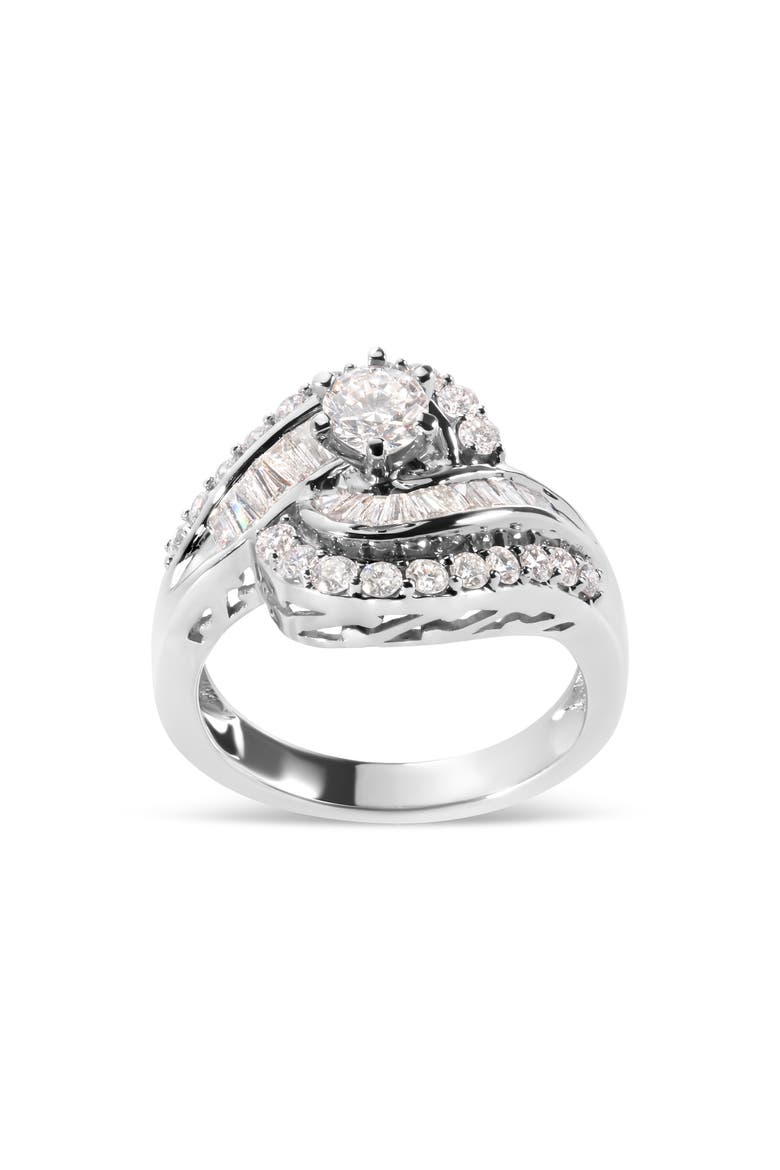 14K White Gold 1.00 Cttw Round and Baguette cut Diamond Swirl Cocktail Ring (H-I Color, SI2-I1 Clarity) - Ring Size 7, Main, color, White Gold