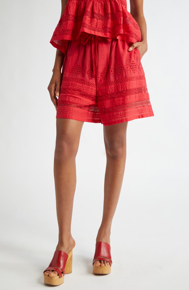 Isabel Marant Étoile Damina Embroidered Eyelet Cotton Drawstring Shorts, Main, color, Red