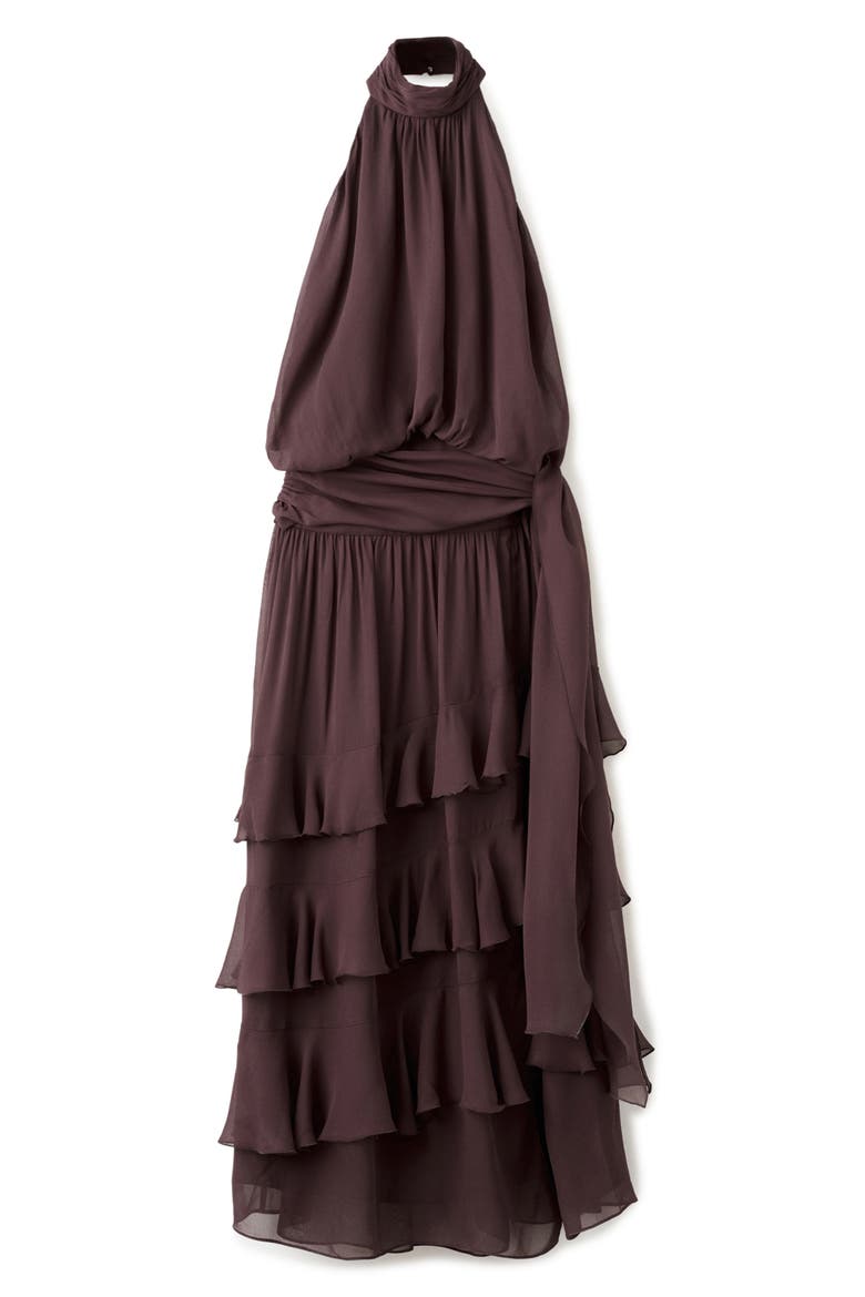 Ruffled High Neck Dress, Main, color, BROWN