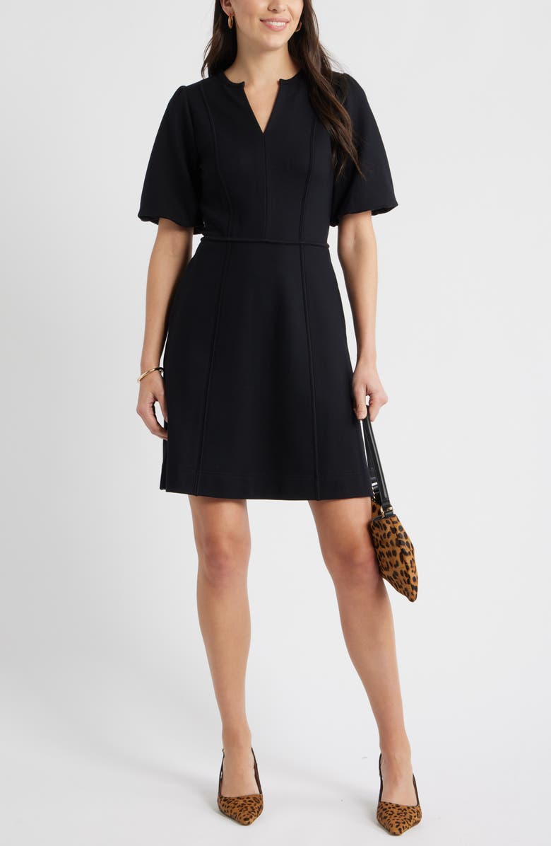 Caslon<sup>®</sup> Puff Sleeve Ponte Dress, Main, color, Black