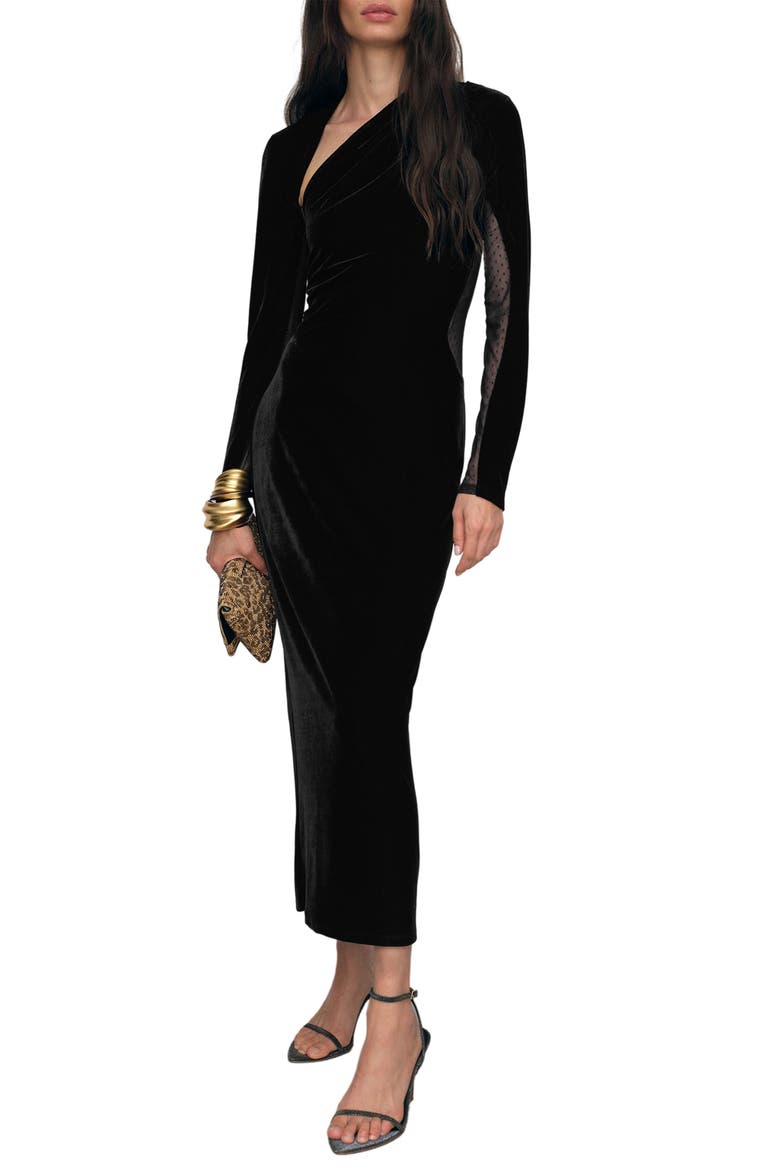 Kass Asymmetric Neck Long Sleeve Velvet Dress, Main, color, BLACK