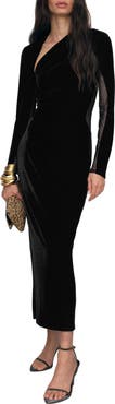 Reiss Kass Asymmetric Neck Long Sleeve Velvet Dress