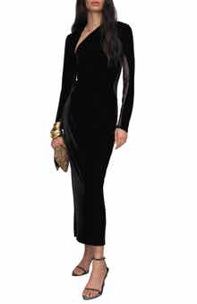 Reiss Kass Asymmetric Neck Long Sleeve Velvet Dress
