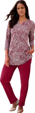 Roaman's Plus Size Three Quarter Sleeve Notch Neck Soft Knit Tunic