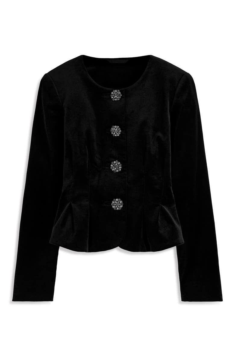 Crystal Button Stretch Velvet Waisted Jacket, Alternate, color, BLACK