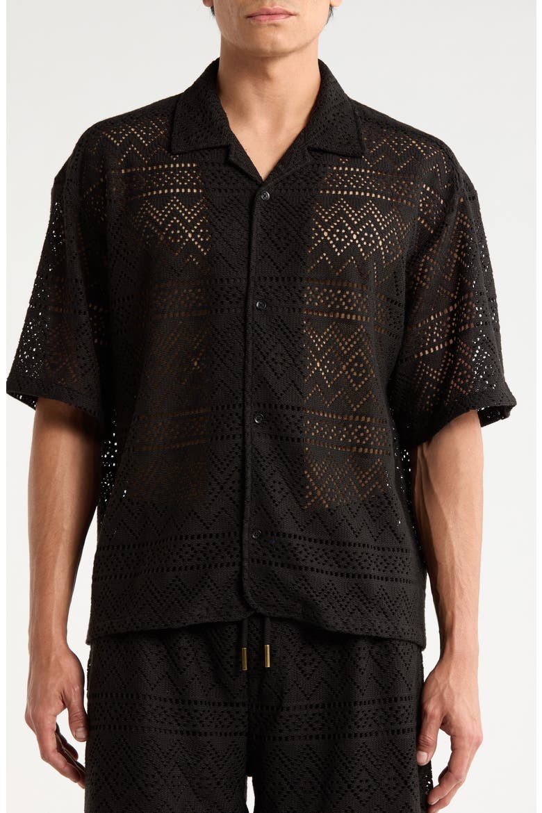 Pointelle Crochet Button-Up Camp Shirt, Alternate, color, BLACK