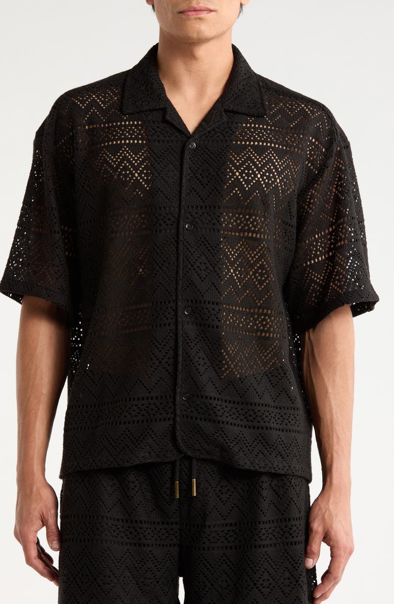 HONOR THE GIFT Pointelle Crochet Button-Up Camp Shirt, Alternate, color, Black