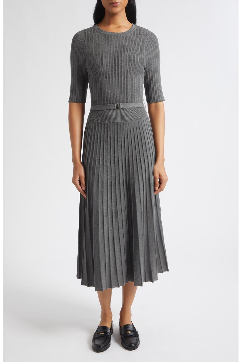 Elthea Belted Pleated Midi Dress, Main, color, CHARCOAL HEATHER GREY