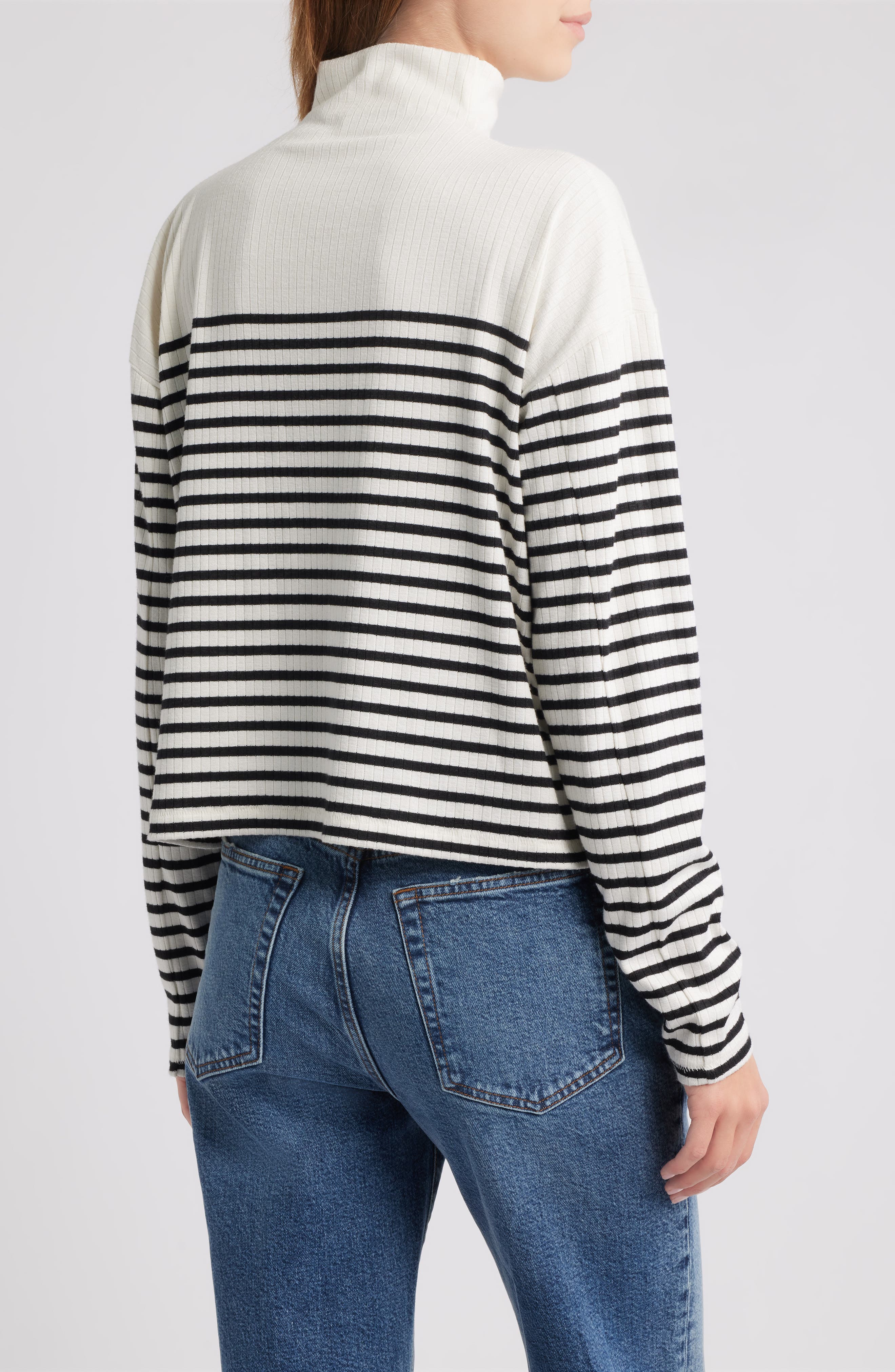 Stripe Rib Knit Side Button Funnel Neck Top - image 2