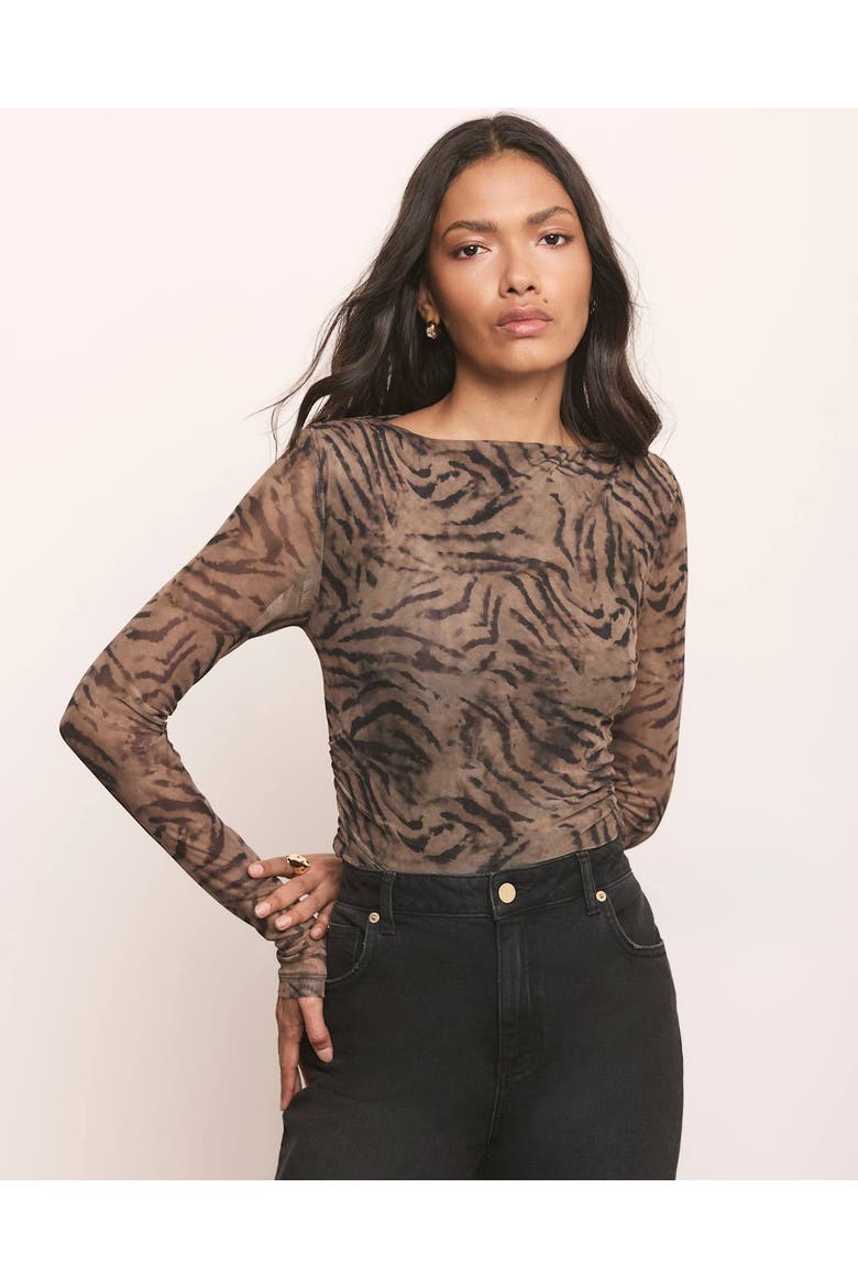 Boat Neck Draped Detail Mesh Top, Alternate, color, Brown