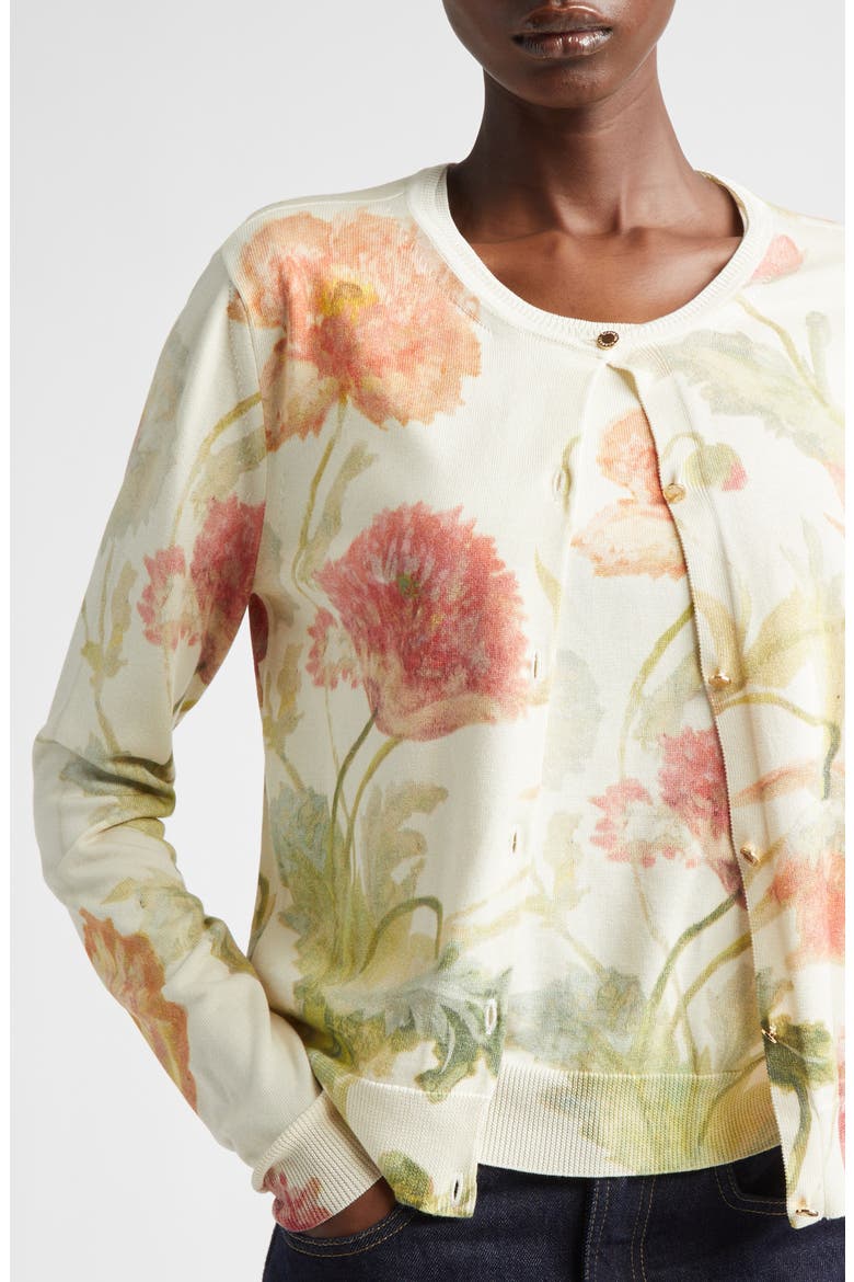 Poppy Print Silk & Cotton Cardigan, Alternate, color, ALMOND MULTI