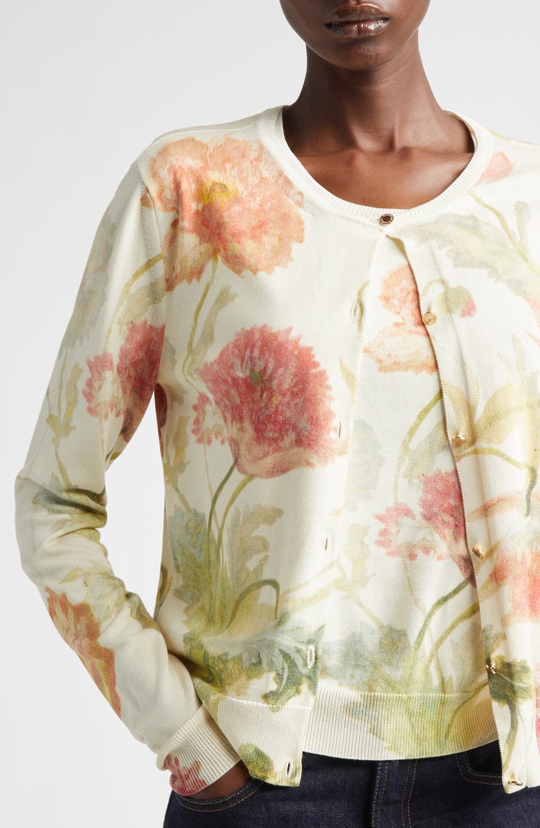 Carolina Herrera Poppy Print Silk & Cotton Cardigan, Alternate, color, Almond Multi